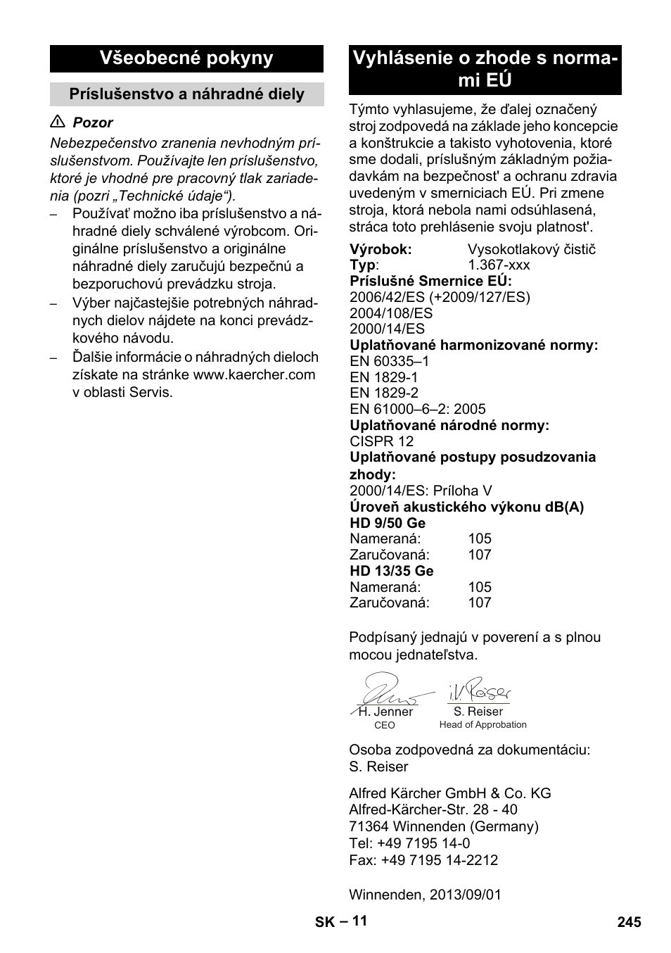 Všeobecné pokyny, Vyhlásenie o zhode s norma- mi eú | Karcher HD 9-50 Pe User Manual | Page 245 / 346