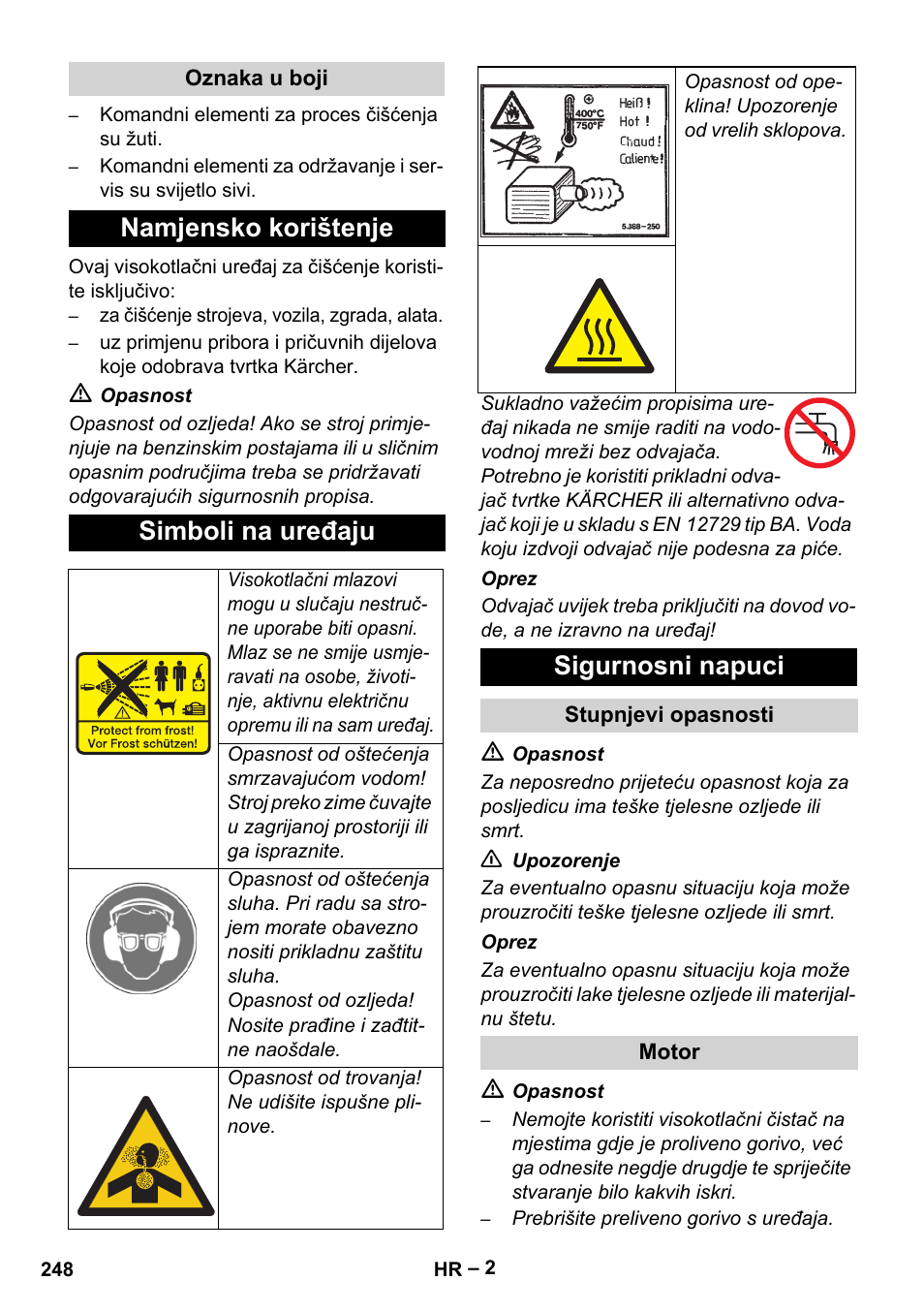 Namjensko korištenje simboli na uređaju, Sigurnosni napuci | Karcher HD 9-50 Pe User Manual | Page 248 / 346