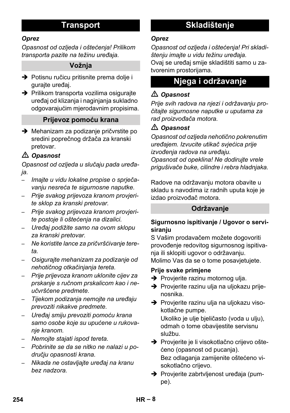 Transport, Skladištenje njega i održavanje | Karcher HD 9-50 Pe User Manual | Page 254 / 346