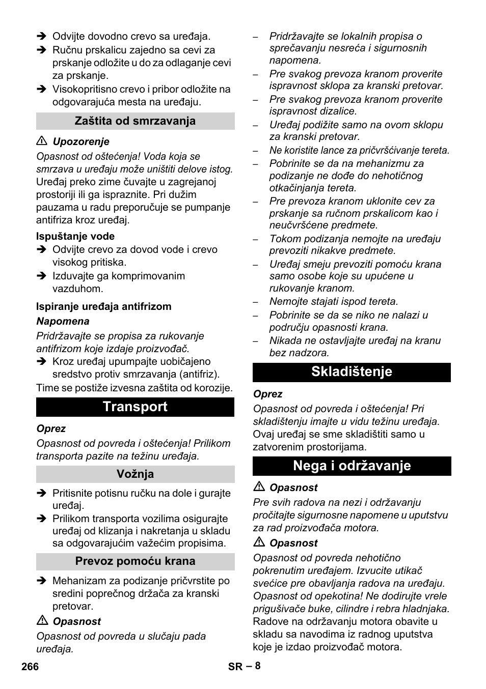 Transport, Skladištenje nega i održavanje | Karcher HD 9-50 Pe User Manual | Page 266 / 346