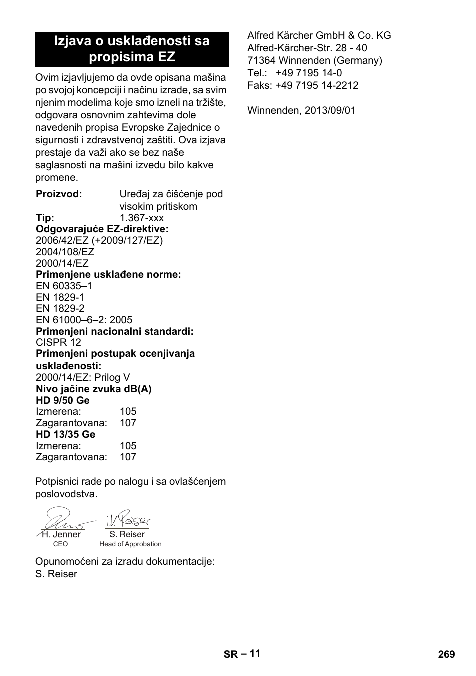 Izjava o usklađenosti sa propisima ez | Karcher HD 9-50 Pe User Manual | Page 269 / 346