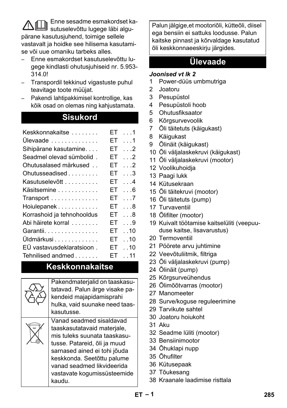 Eesti, Sisukord, Keskkonnakaitse | Ülevaade | Karcher HD 9-50 Pe User Manual | Page 285 / 346