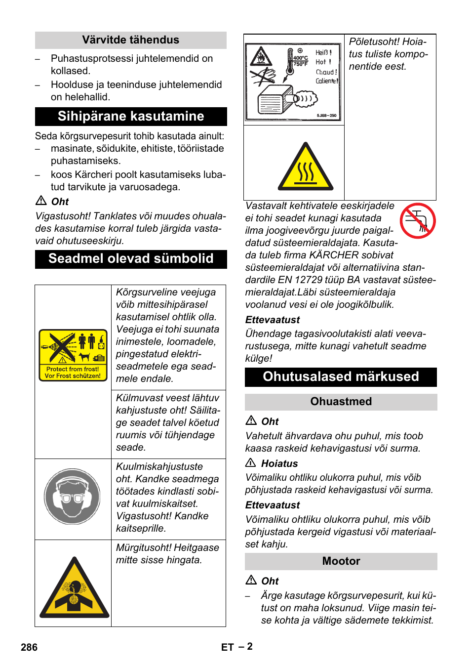 Sihipärane kasutamine seadmel olevad sümbolid, Ohutusalased märkused | Karcher HD 9-50 Pe User Manual | Page 286 / 346