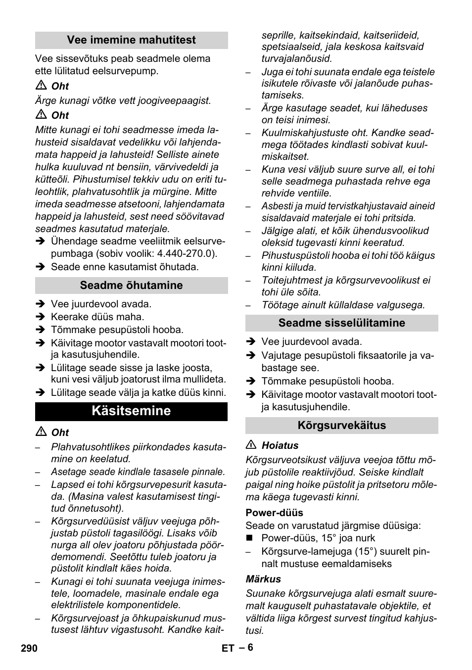Käsitsemine | Karcher HD 9-50 Pe User Manual | Page 290 / 346