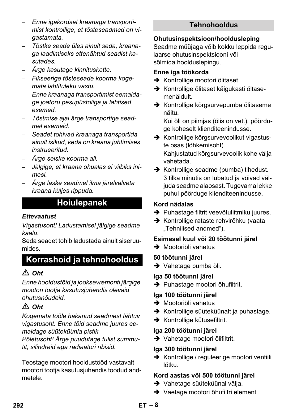 Hoiulepanek korrashoid ja tehnohooldus | Karcher HD 9-50 Pe User Manual | Page 292 / 346