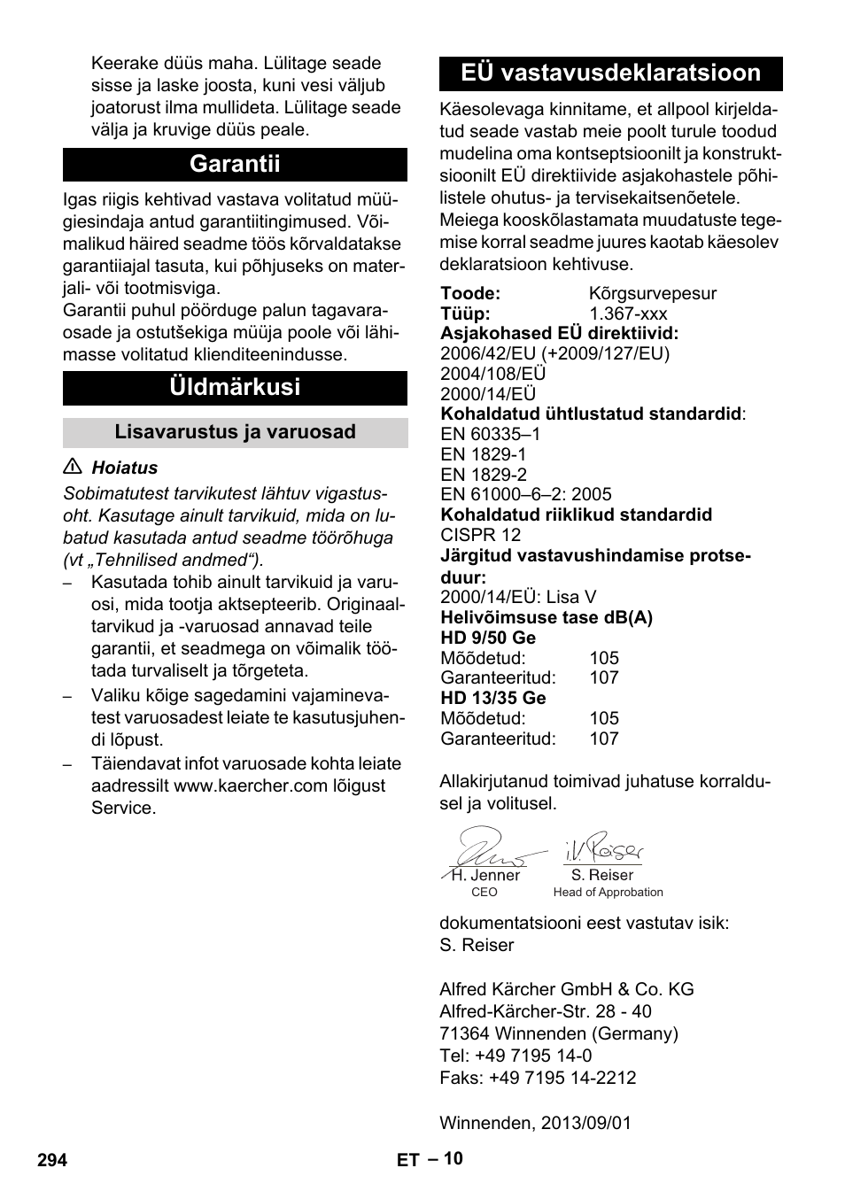 Garantii üldmärkusi, Eü vastavusdeklaratsioon | Karcher HD 9-50 Pe User Manual | Page 294 / 346