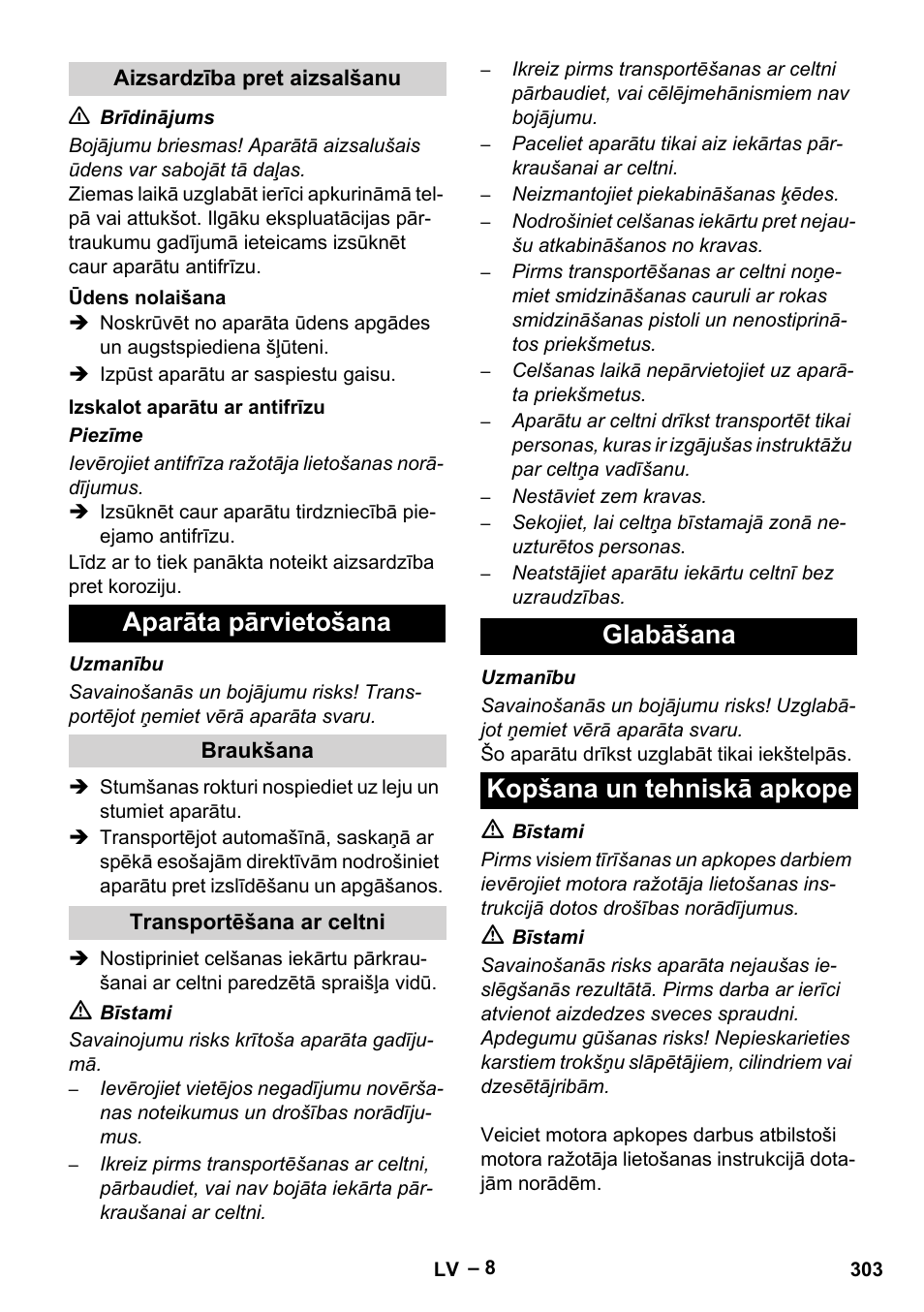 Aparāta pārvietošana, Glabāšana kopšana un tehniskā apkope | Karcher HD 9-50 Pe User Manual | Page 303 / 346