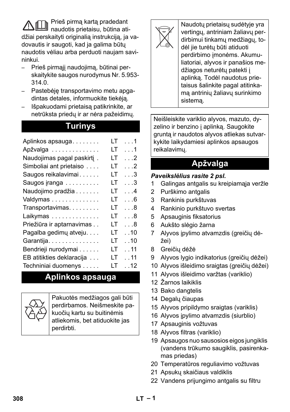 Lietuviškai, Turinys, Aplinkos apsauga | Apžvalga | Karcher HD 9-50 Pe User Manual | Page 308 / 346