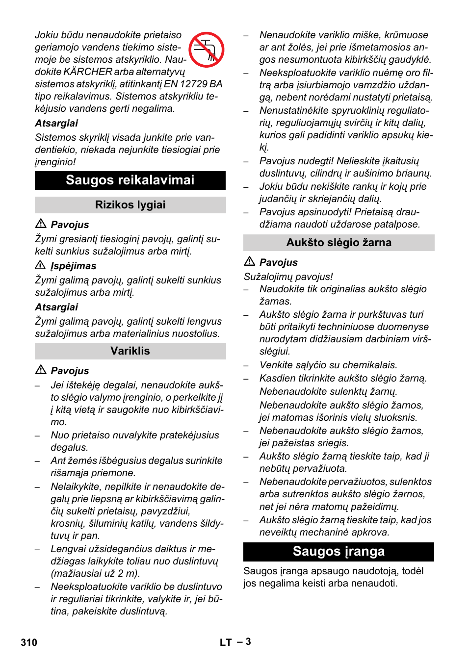 Saugos reikalavimai, Saugos įranga | Karcher HD 9-50 Pe User Manual | Page 310 / 346