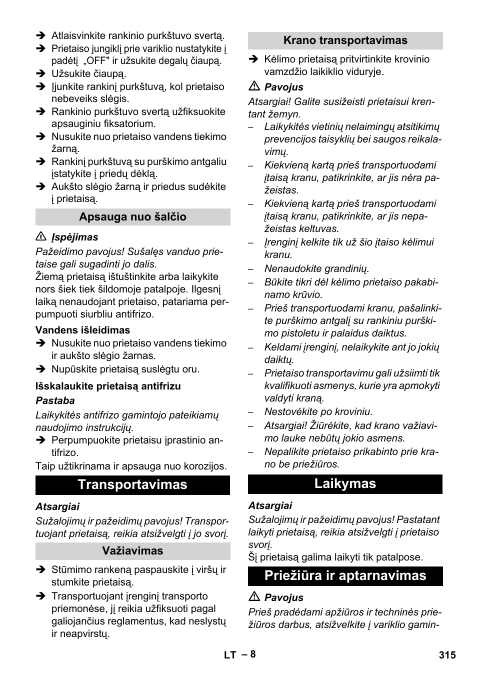 Transportavimas, Laikymas priežiūra ir aptarnavimas | Karcher HD 9-50 Pe User Manual | Page 315 / 346