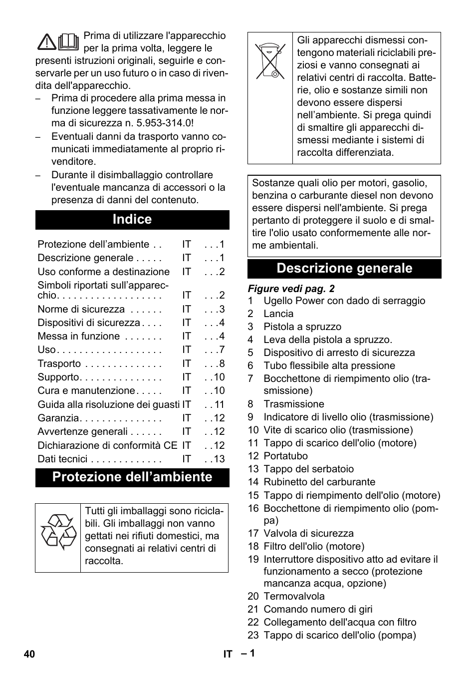 Italiano, Indice, Protezione dell’ambiente | Descrizione generale | Karcher HD 9-50 Pe User Manual | Page 40 / 346