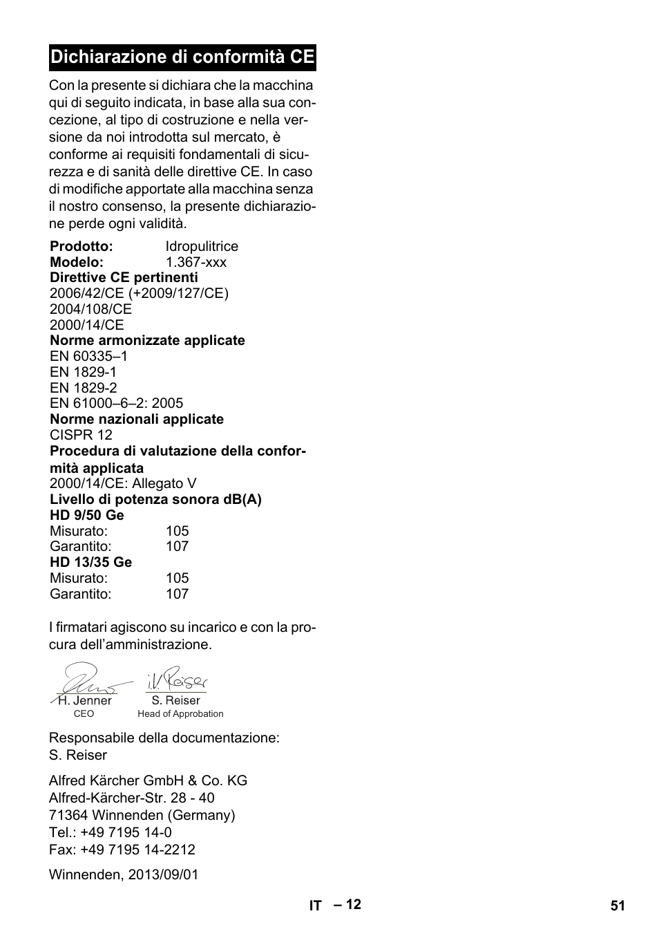 Dichiarazione di conformità ce | Karcher HD 9-50 Pe User Manual | Page 51 / 346