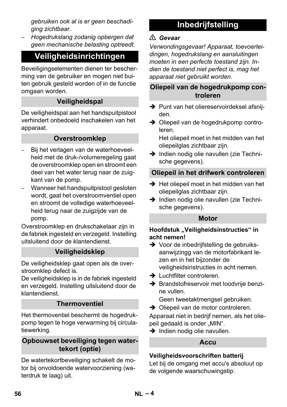 Veiligheidsinrichtingen, Inbedrijfstelling | Karcher HD 9-50 Pe User Manual | Page 56 / 346