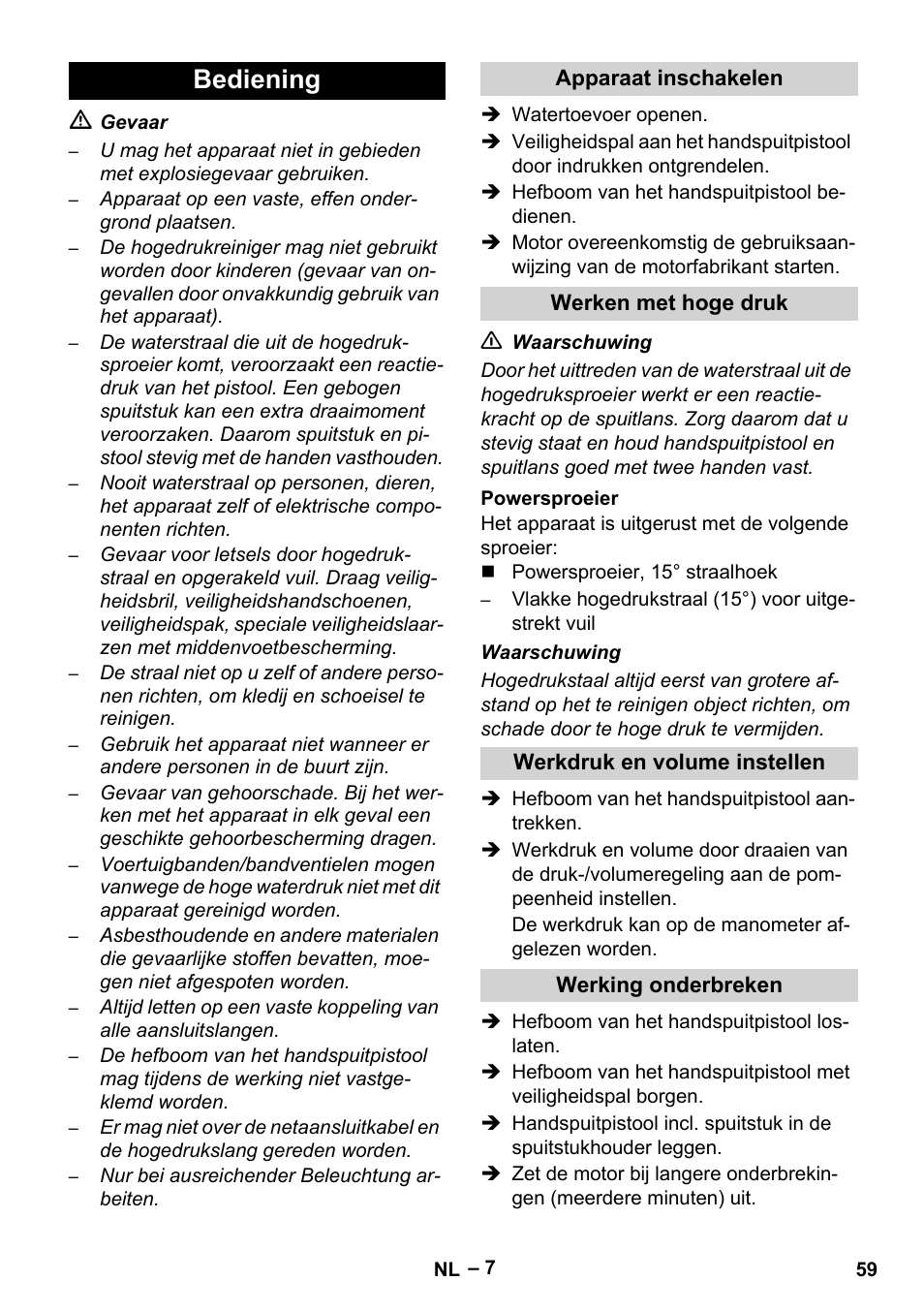 Bediening | Karcher HD 9-50 Pe User Manual | Page 59 / 346