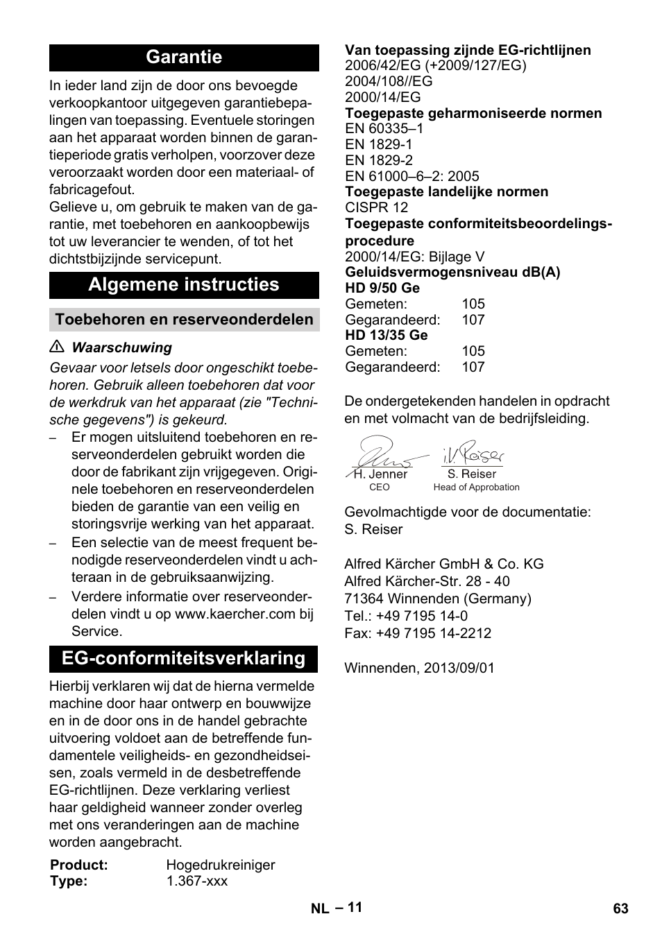Garantie algemene instructies, Eg-conformiteitsverklaring | Karcher HD 9-50 Pe User Manual | Page 63 / 346