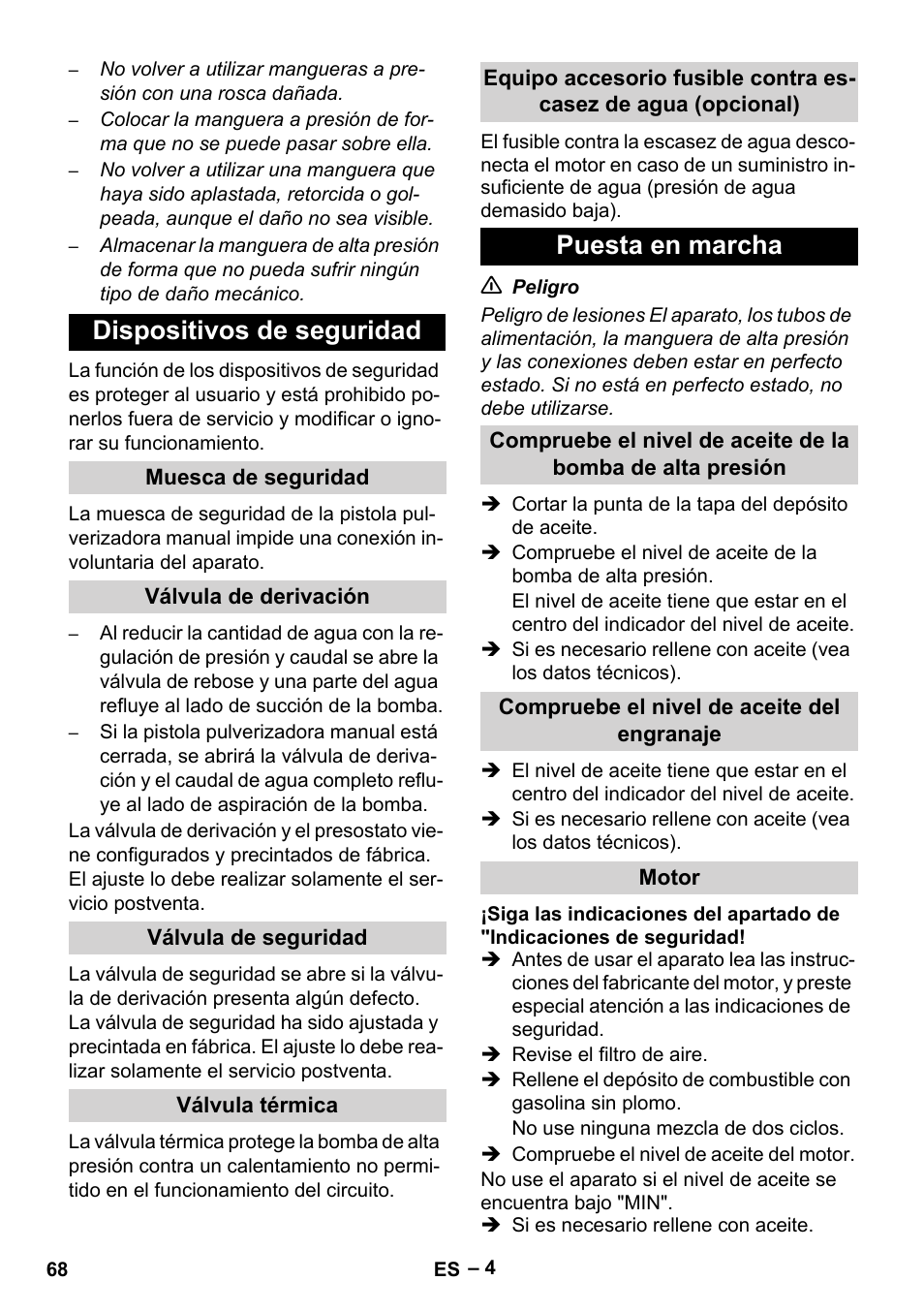 Dispositivos de seguridad, Puesta en marcha | Karcher HD 9-50 Pe User Manual | Page 68 / 346