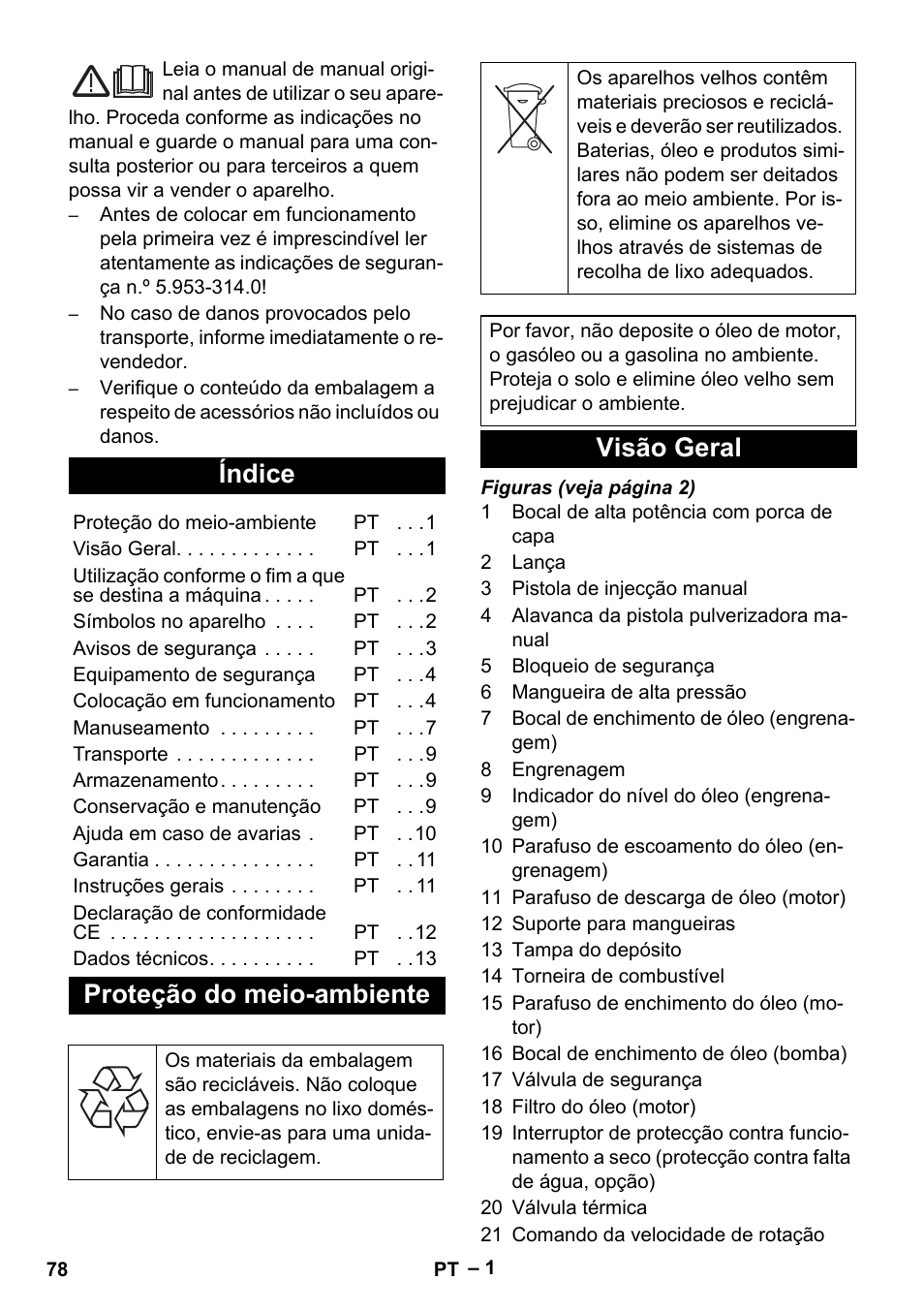 Português, Índice, Proteção do meio-ambiente | Visão geral | Karcher HD 9-50 Pe User Manual | Page 78 / 346