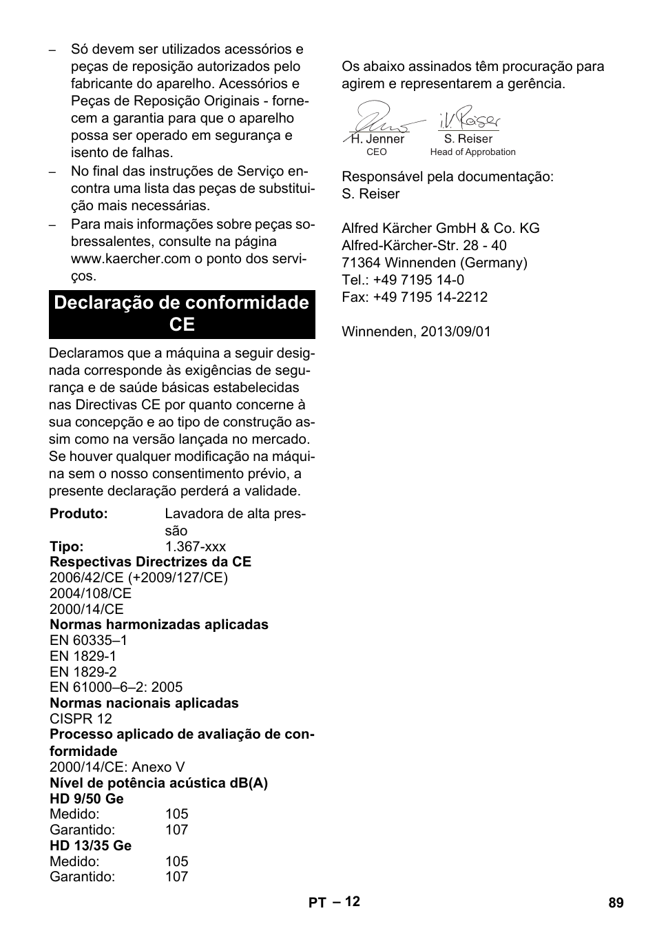 Declaração de conformidade ce | Karcher HD 9-50 Pe User Manual | Page 89 / 346