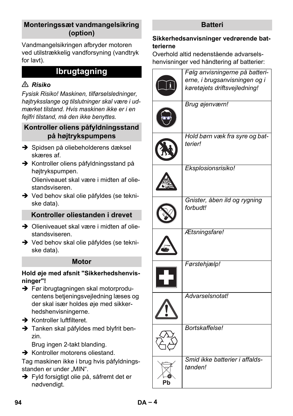 Ibrugtagning | Karcher HD 9-50 Pe User Manual | Page 94 / 346