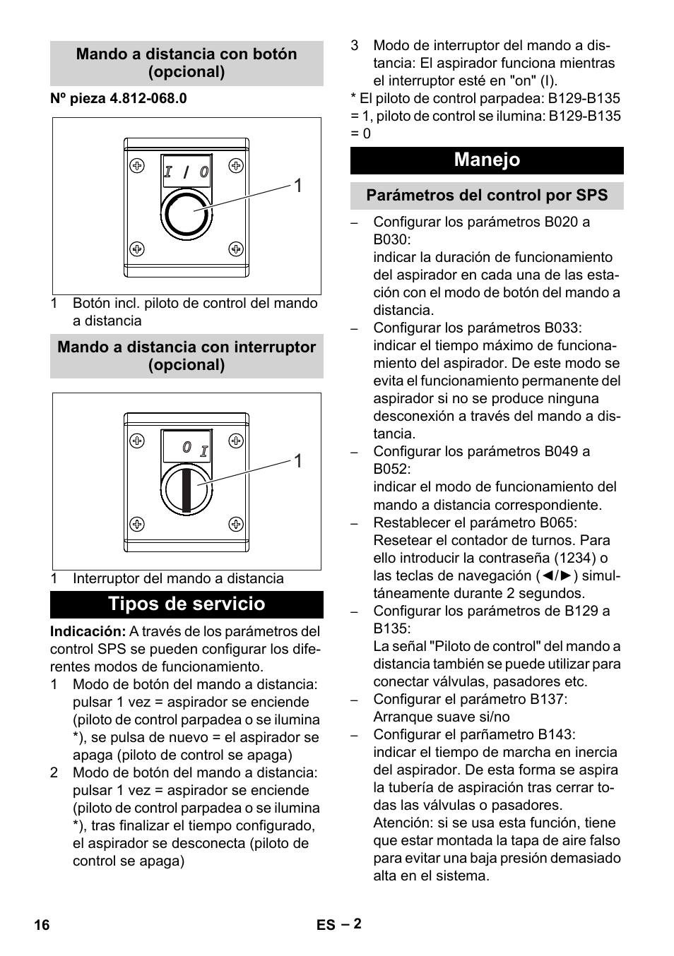 Mando a distancia con botón (opcional), Mando a distancia con interruptor (opcional), Tipos de servicio | Manejo, Parámetros del control por sps, Tipos de servicio 1 1 manejo | Karcher IVL 120-27-1 User Manual | Page 16 / 24