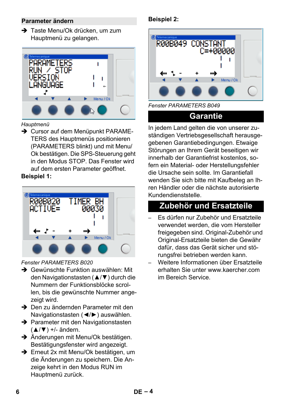 Parameter ändern, Garantie, Zubehör und ersatzteile | Garantie zubehör und ersatzteile | Karcher IVL 120-27-1 User Manual | Page 6 / 24