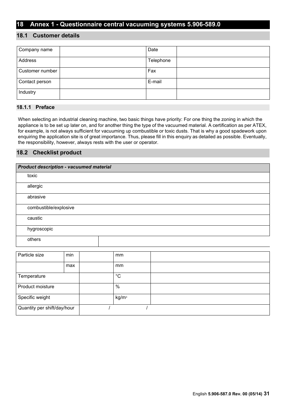 1 customer details, 1 preface, 2 checklist product | 1 customer, Details, 2 checklist, Product | Karcher IV 100 - 55 M B1 User Manual | Page 31 / 48