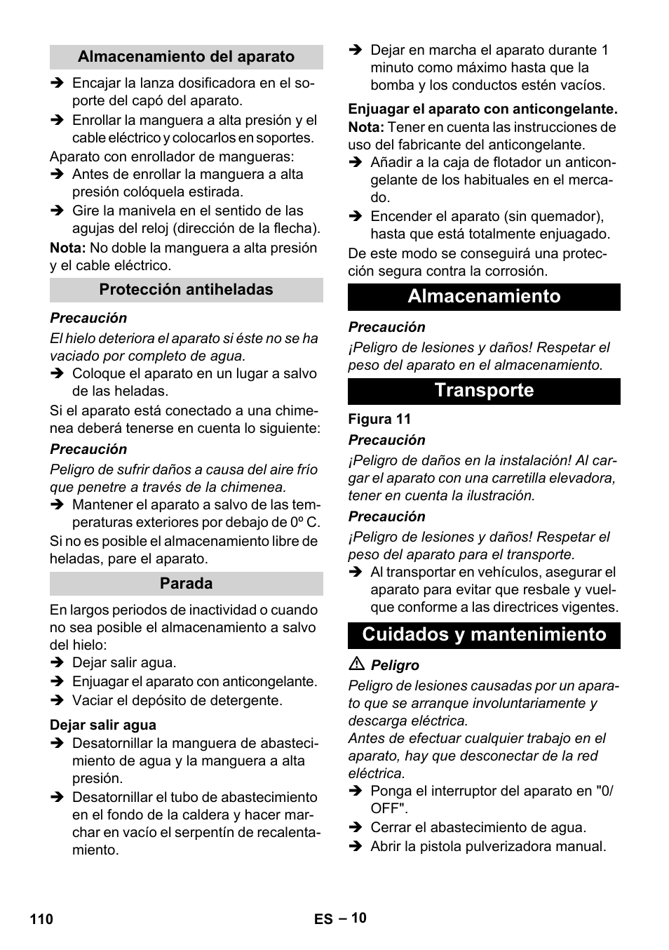Almacenamiento transporte cuidados y mantenimiento | Karcher HDS 7-12-4 M User Manual | Page 110 / 516