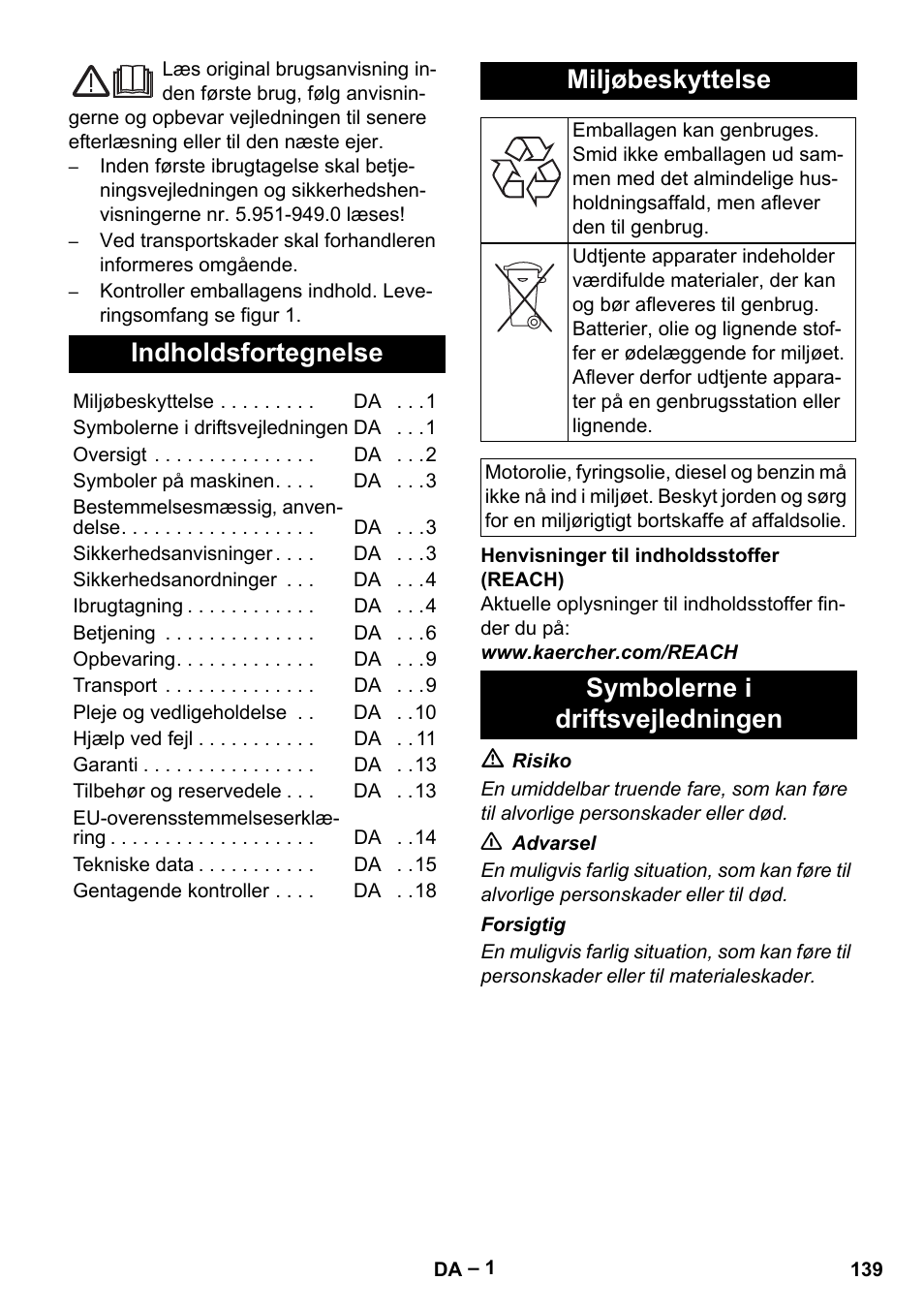 Dansk, Indholdsfortegnelse, Miljøbeskyttelse | Symbolerne i driftsvejledningen | Karcher HDS 7-12-4 M User Manual | Page 139 / 516