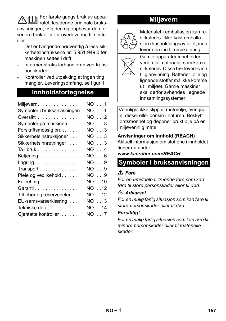 Norsk, Innholdsfortegnelse, Miljøvern | Symboler i bruksanvisningen | Karcher HDS 7-12-4 M User Manual | Page 157 / 516