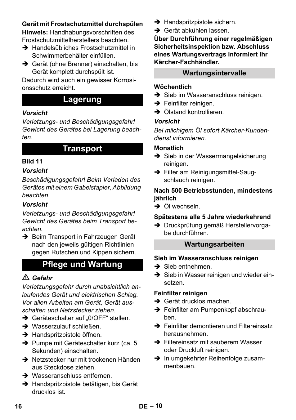 Lagerung transport pflege und wartung | Karcher HDS 7-12-4 M User Manual | Page 16 / 516
