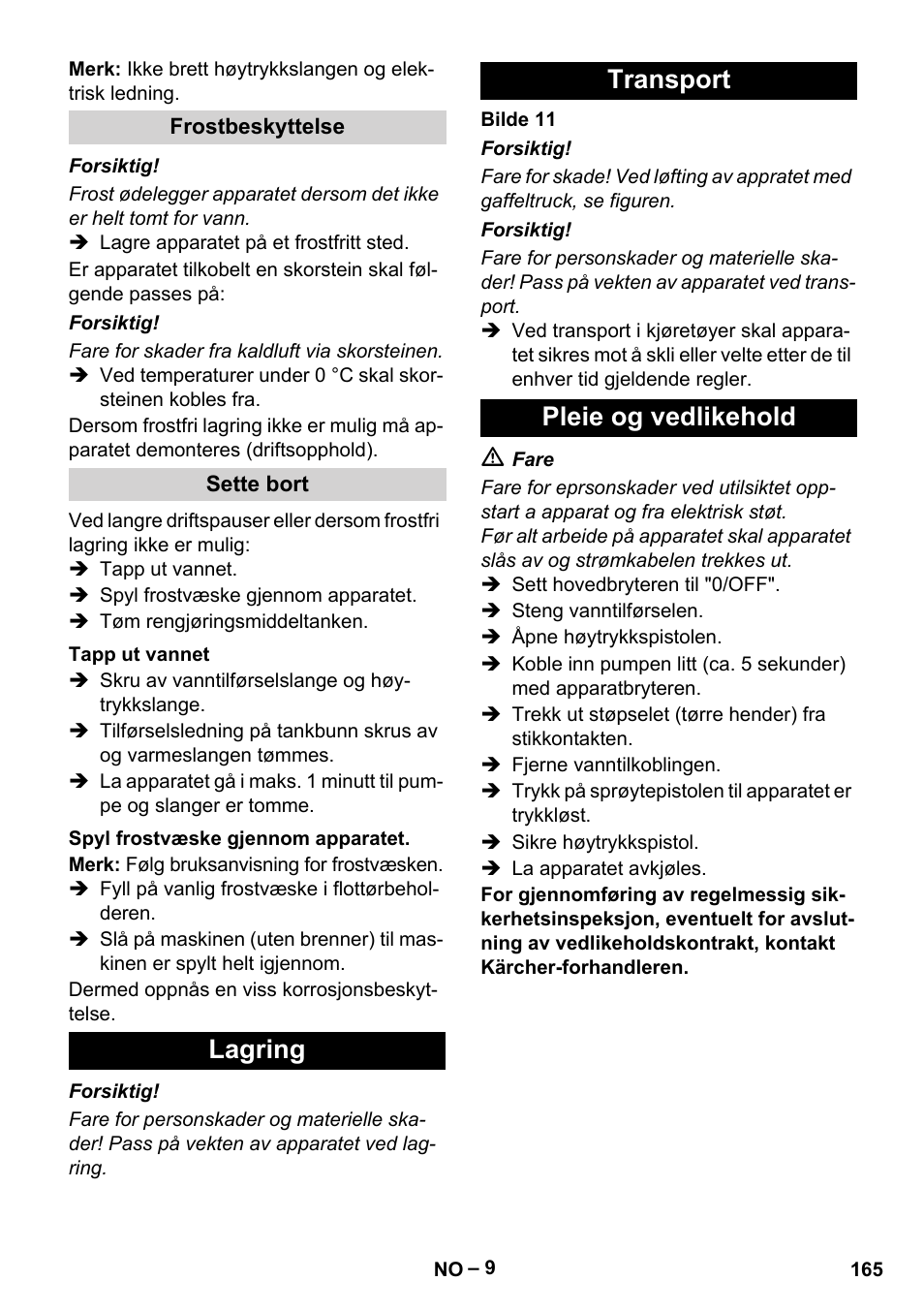 Lagring transport pleie og vedlikehold | Karcher HDS 7-12-4 M User Manual | Page 165 / 516