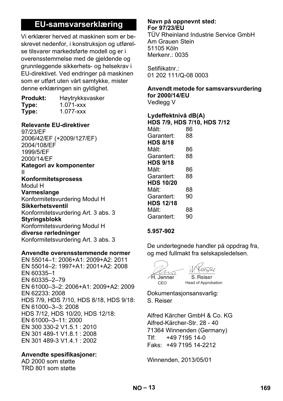 Eu-samsvarserklæring | Karcher HDS 7-12-4 M User Manual | Page 169 / 516