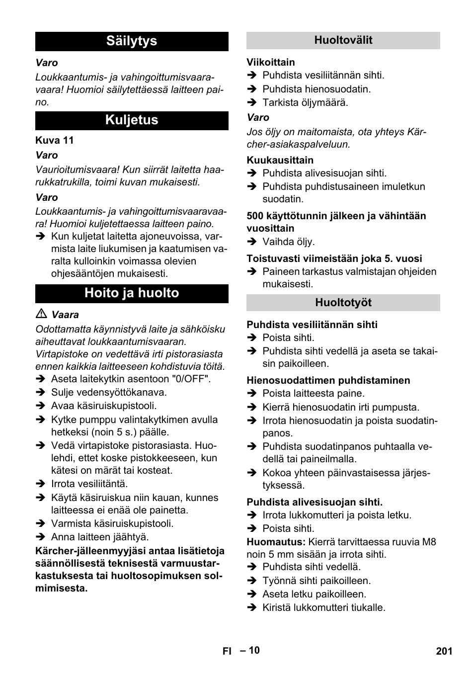 Säilytys kuljetus hoito ja huolto | Karcher HDS 7-12-4 M User Manual | Page 201 / 516