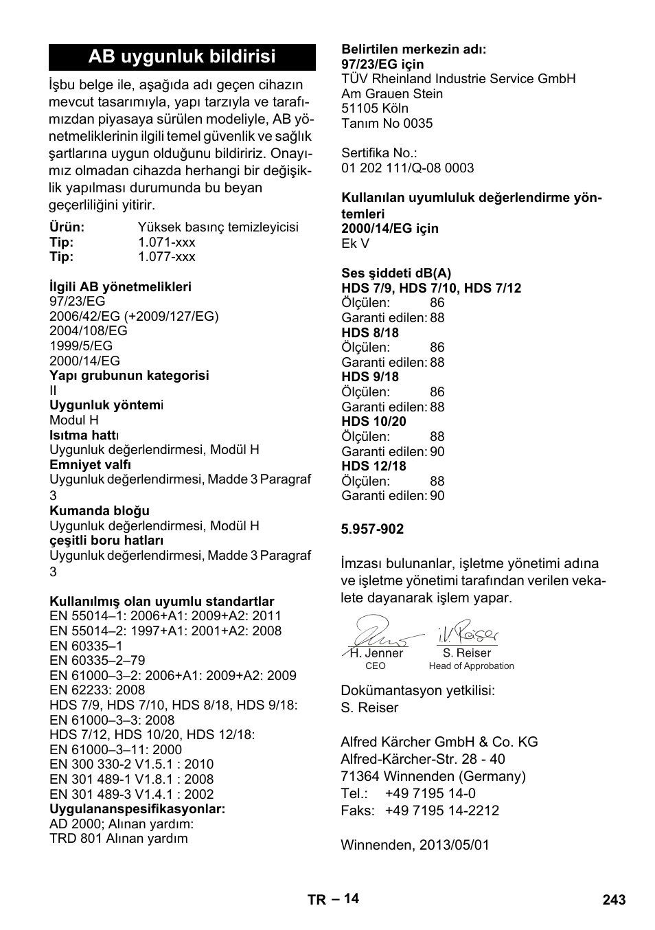 Ab uygunluk bildirisi | Karcher HDS 7-12-4 M User Manual | Page 243 / 516