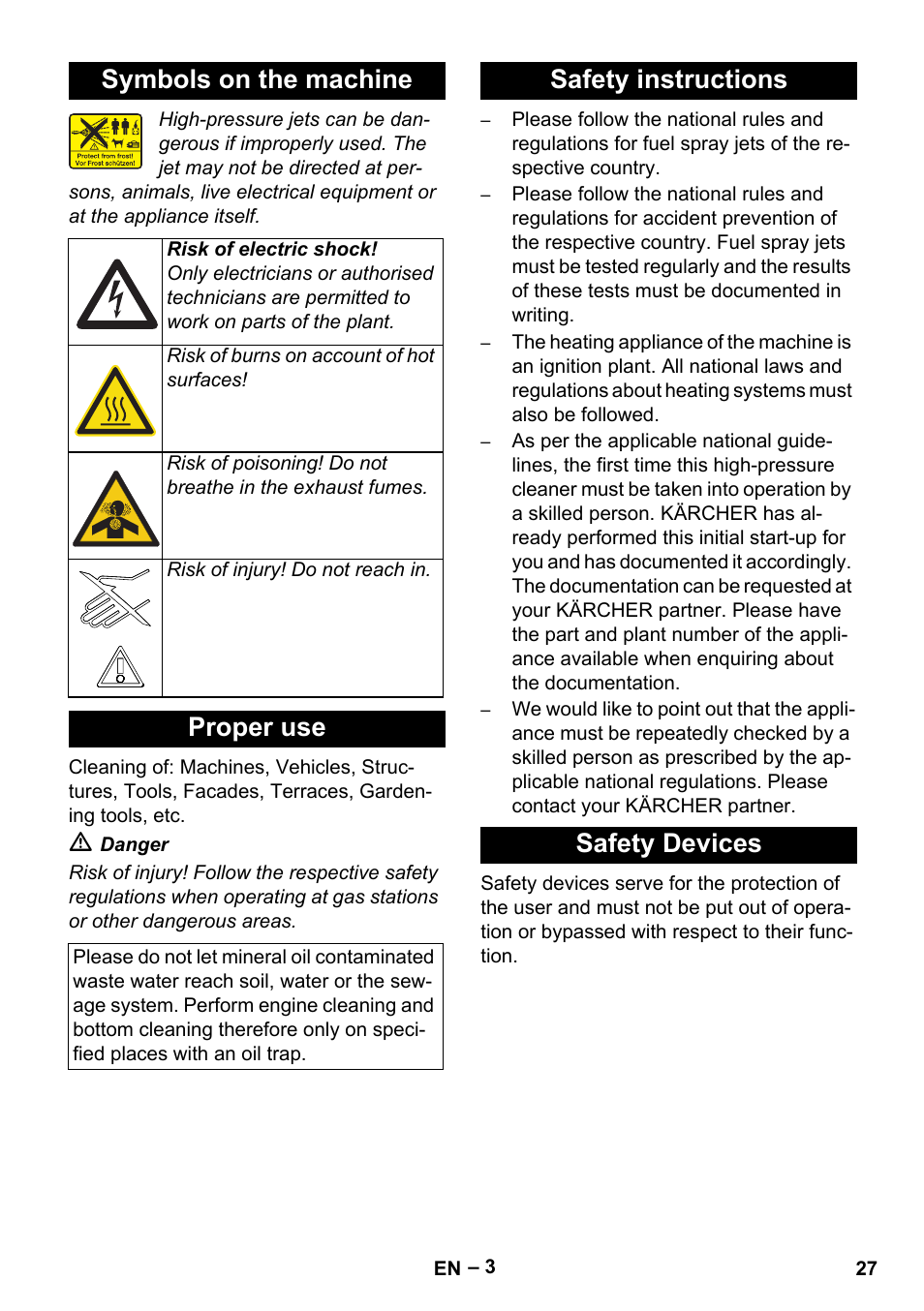 Symbols on the machine, Proper use, Safety instructions safety devices | Karcher HDS 7-12-4 M User Manual | Page 27 / 516