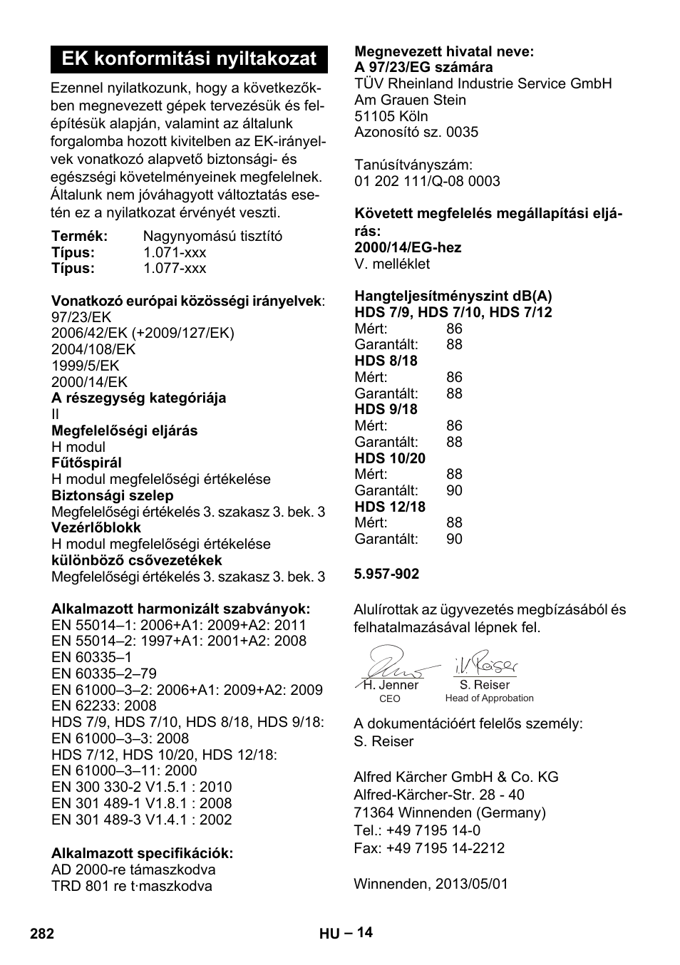 Ek konformitási nyiltakozat | Karcher HDS 7-12-4 M User Manual | Page 282 / 516