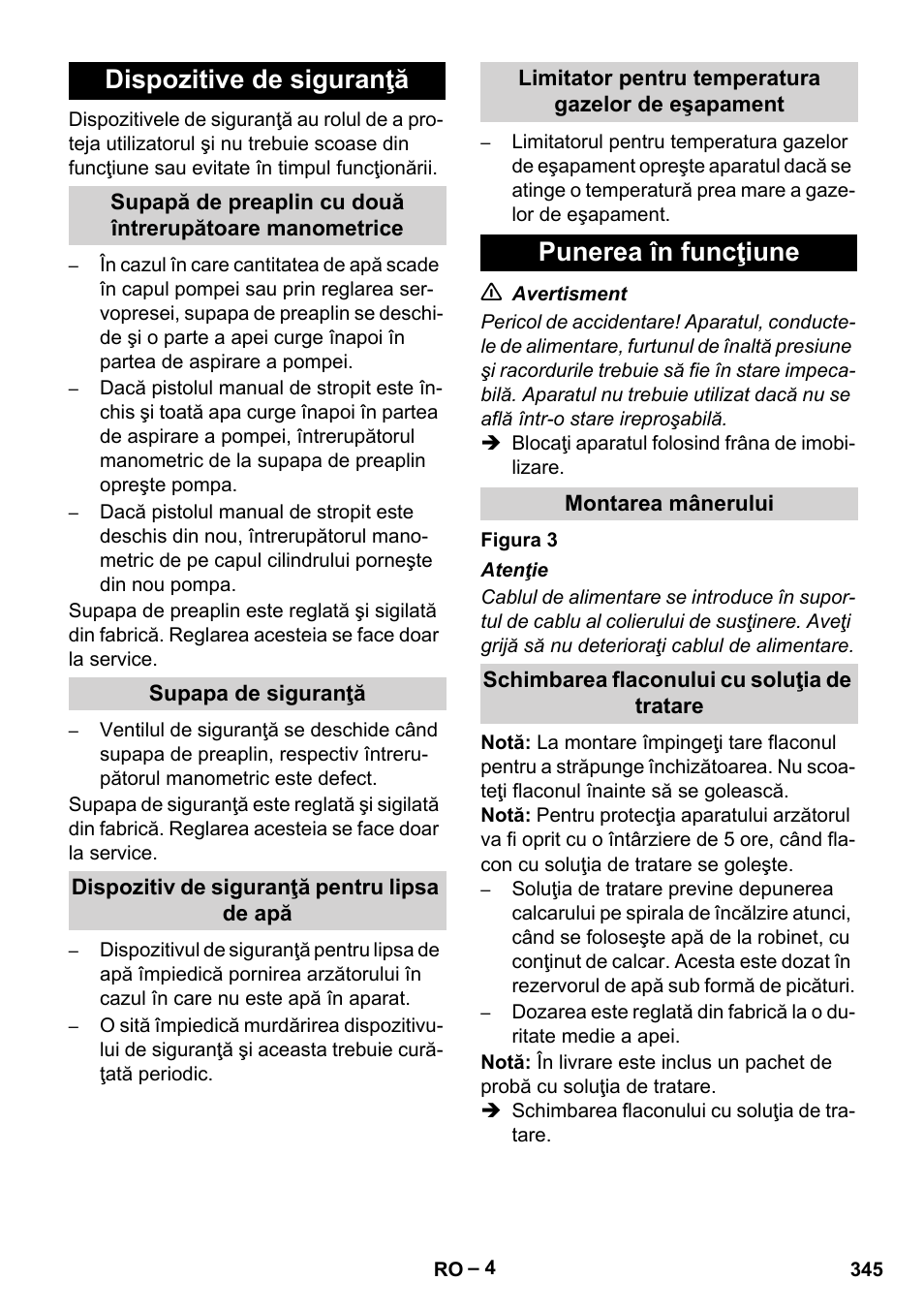 Dispozitive de siguranţă, Punerea în funcţiune | Karcher HDS 7-12-4 M User Manual | Page 345 / 516