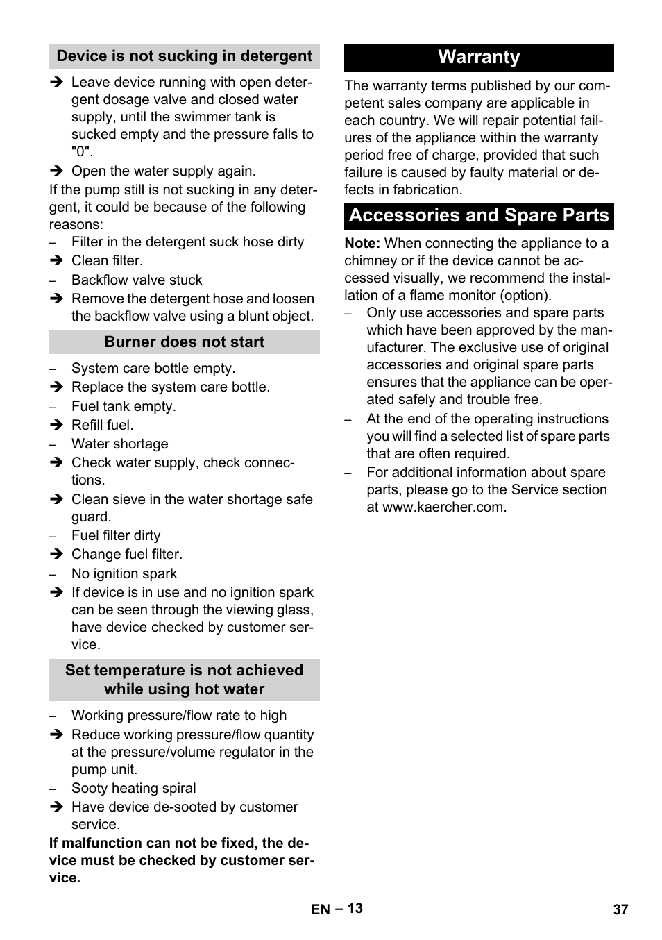 Warranty accessories and spare parts | Karcher HDS 7-12-4 M User Manual | Page 37 / 516
