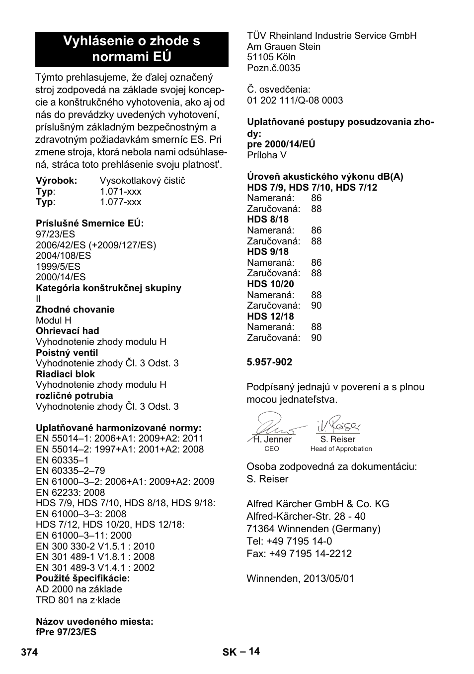 Vyhlásenie o zhode s normami eú | Karcher HDS 7-12-4 M User Manual | Page 374 / 516