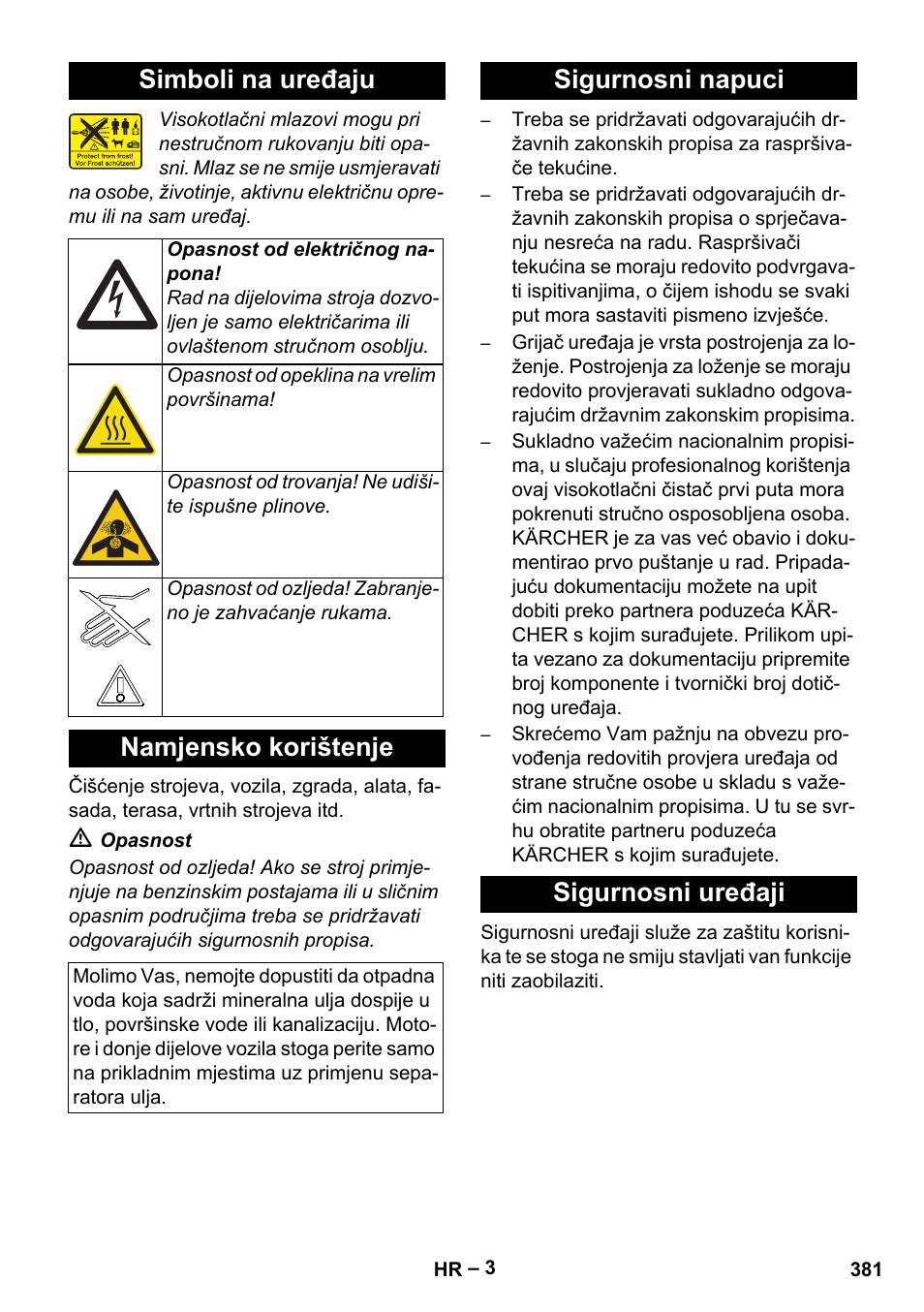 Simboli na uređaju, Namjensko korištenje, Sigurnosni napuci sigurnosni uređaji | Karcher HDS 7-12-4 M User Manual | Page 381 / 516