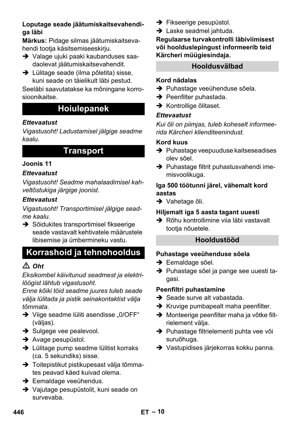 Hoiulepanek transport korrashoid ja tehnohooldus | Karcher HDS 7-12-4 M User Manual | Page 446 / 516