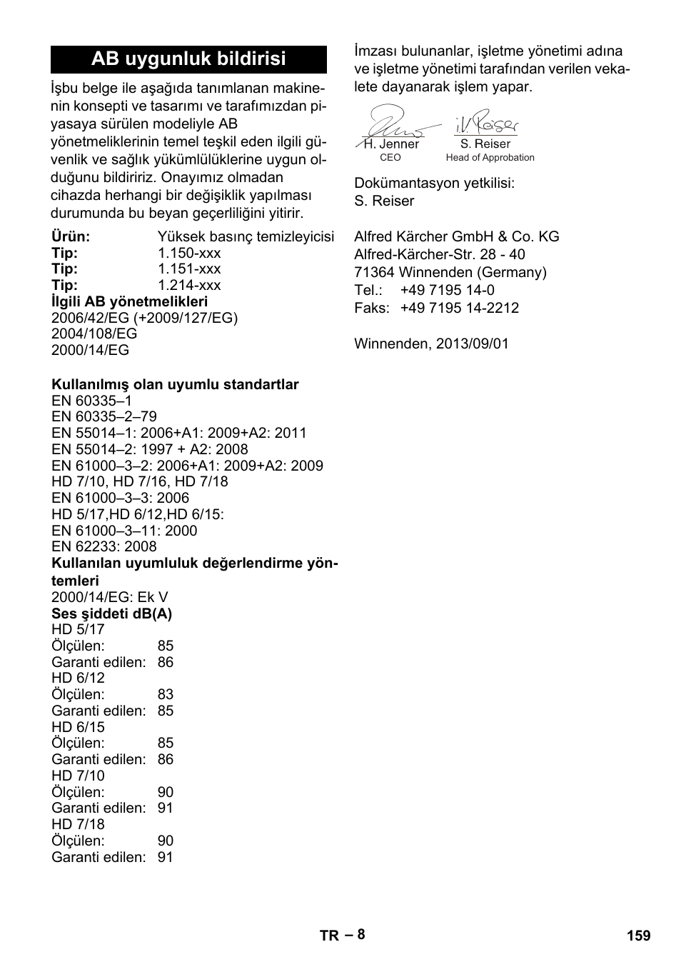 Ab uygunluk bildirisi | Karcher HD 6-12-4 CX Plus User Manual | Page 159 / 364