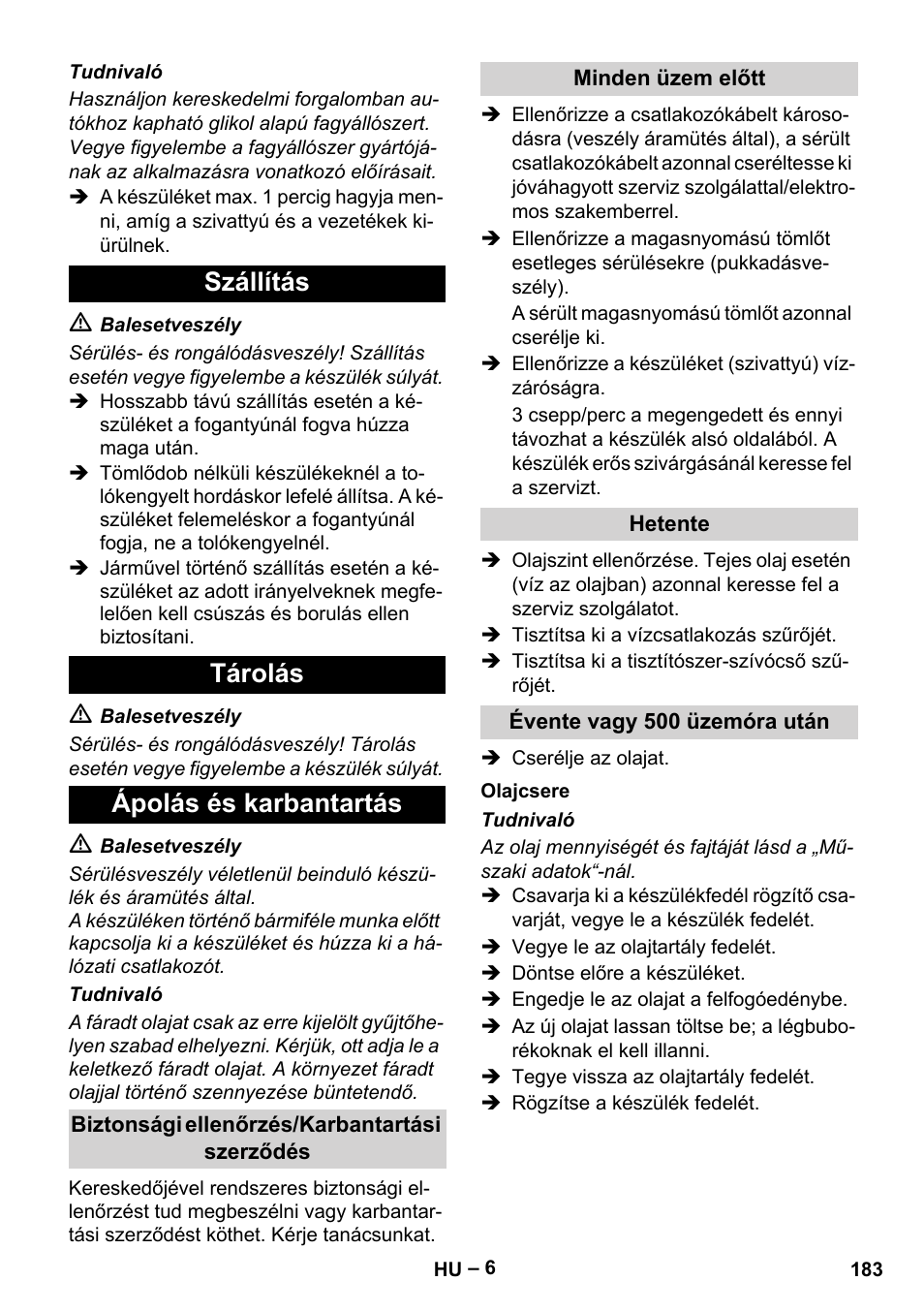 Szállítás tárolás ápolás és karbantartás | Karcher HD 6-12-4 CX Plus User Manual | Page 183 / 364
