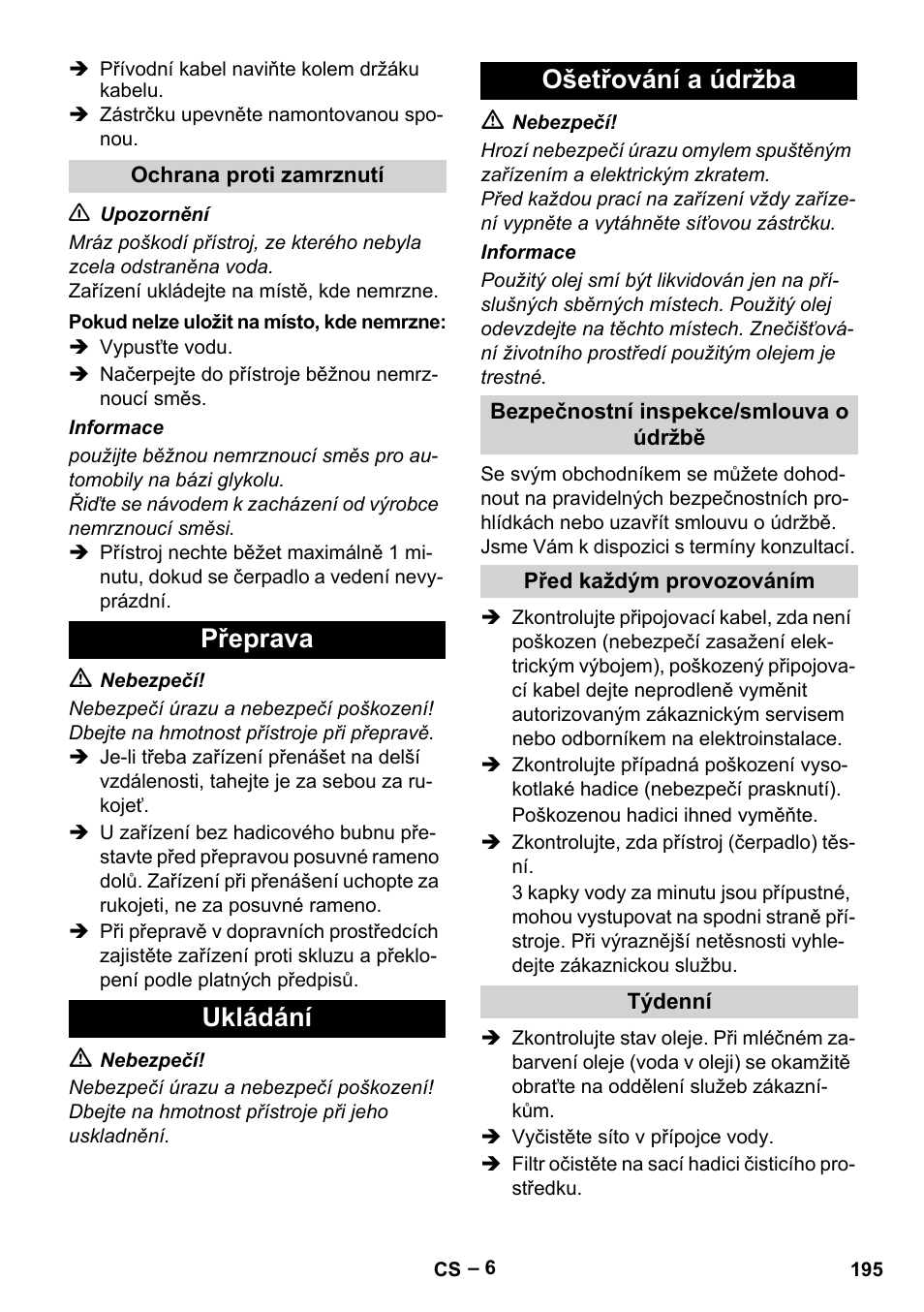 Přeprava ukládání ošetřování a údržba | Karcher HD 6-12-4 CX Plus User Manual | Page 195 / 364
