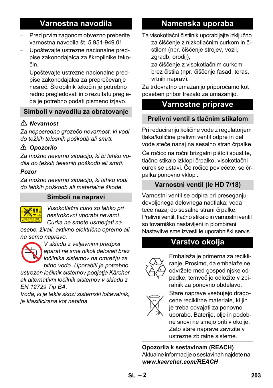 Varnostna navodila, Namenska uporaba varnostne priprave, Varstvo okolja | Karcher HD 6-12-4 CX Plus User Manual | Page 203 / 364