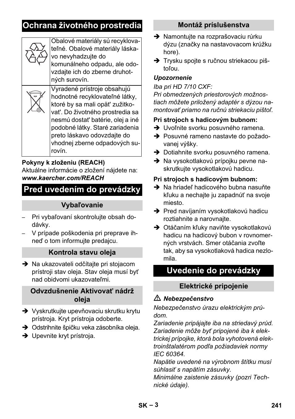 Ochrana životného prostredia, Pred uvedením do prevádzky, Uvedenie do prevádzky | Karcher HD 6-12-4 CX Plus User Manual | Page 241 / 364