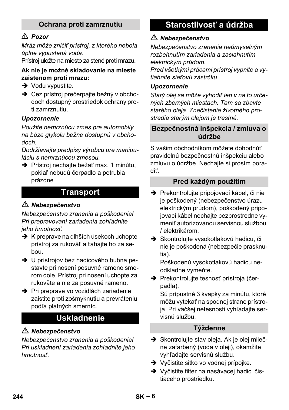 Transport uskladnenie starostlivosť a údržba | Karcher HD 6-12-4 CX Plus User Manual | Page 244 / 364