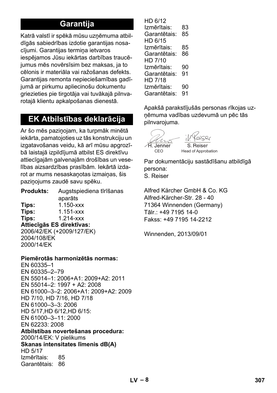 Garantija ek atbilstības deklarācija | Karcher HD 6-12-4 CX Plus User Manual | Page 307 / 364