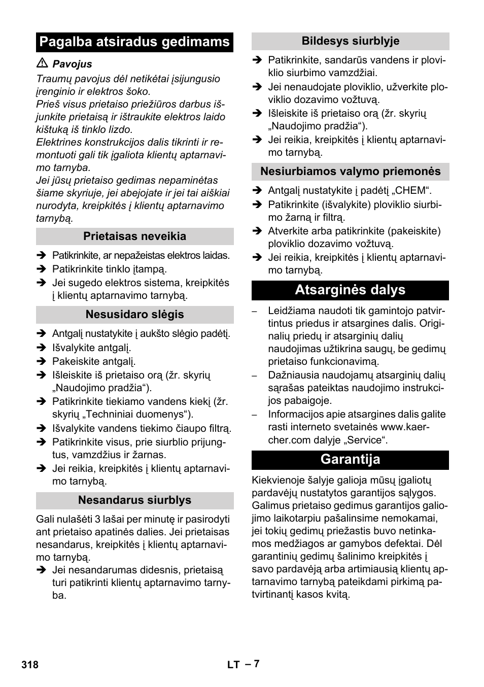 Pagalba atsiradus gedimams, Atsarginės dalys garantija | Karcher HD 6-12-4 CX Plus User Manual | Page 318 / 364