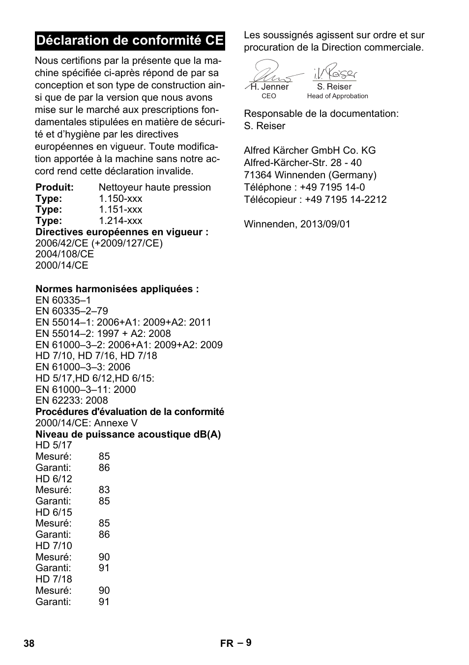 Déclaration de conformité ce | Karcher HD 6-12-4 CX Plus User Manual | Page 38 / 364